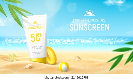 Sunscreen ad banner template. Banner with tube of sunscreen on beach sand with sunglasses, tropical plant, seashells, inflatable ball and ring. Vector 3d ad illustration for promotion of summer goods.