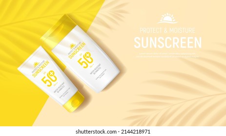 Sunscreen ad banner template. Banner with tube and jar of sunscreen on color background with shadows of tropical plants. Vector 3d ad illustration for promotion of summer goods. - Shutterstock ID 2144218971