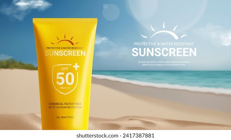 Sunscreen ad banner template. Banner with tube of sunscreen on beach sand with sunny sea shore on background. Vector 3d ad illustration for promotion of summer goods and cosmetics.