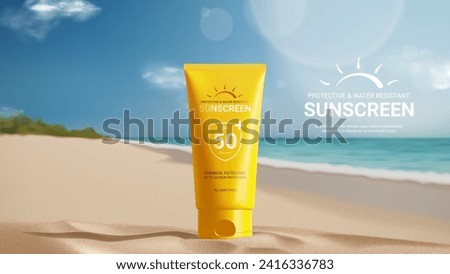 Sunscreen ad banner template. Banner with tube of sunscreen on beach sand with sunny sea shore on background. Vector 3d ad illustration for promotion of summer goods and cosmetics.