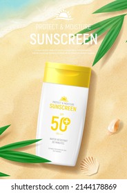 Sunscreen ad flyer template. Banner with jar of sunscreen on beach sand with tropical plants, seashells and sea waves. Vector 3d ad illustration for promotion of summer goods.