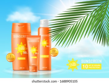 Sunscreen ad poster mockup with realistic sun protection skincare products. Orange body spray and lotion bottles in water and sky backdrop with palm leaf - vector illustration