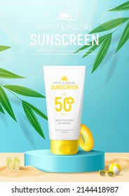 Sunscreen ad poster template. Banner with tube of sunscreen on 3d podium with tropical plants, sand, sunglasses, inflatable ring and ball. Vector 3d ad illustration for promotion of summer goods.
