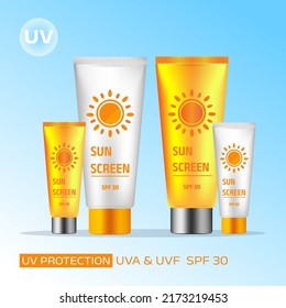 Sunscreen ad poster template. Banner with four tubes of sunscreen on blue background. Vector 3d ad illustration for promotion of summer goods.