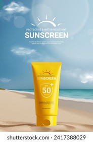 Sunscreen ad poster template. Flyer with tube of sunscreen on beach sand with sunny sea shore on background. Vector 3d ad illustration for promotion of summer goods and cosmetics.