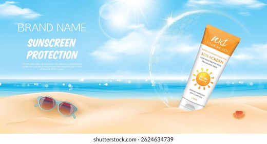 Sunscreen ad poster template. Flyer with tube of sunscreen on beach sand with sunny sea shore on background. Vector 3d ad illustration for promotion of summer goods and cosmetics.
