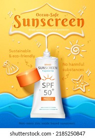 Sunscreen ad template. 3D Illustration of sunblock tube squeezed out outlines of parasol on beach in top view with papercut sea waves at the bottom