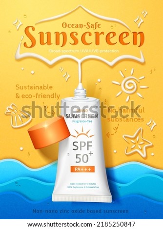 Sunscreen ad template. 3D Illustration of sunblock tube squeezed out outlines of parasol on beach in top view with papercut sea waves at the bottom