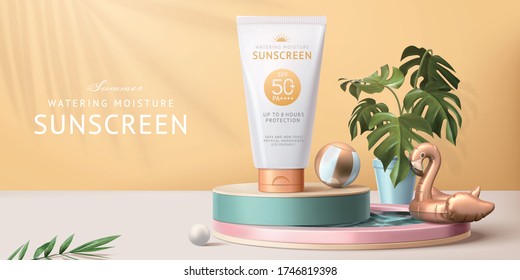 Sunscreen ad template, concept of skin care during summer season, designed with realistic tube mock-up displayed on swimming pool figurine, 3d illustration