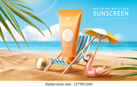 Sunscreen ad template with palm leaves and summer beach scene design, 3d illustration - Shutterstock ID 1777871594
