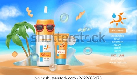 Sunscreen ad template with palm trees and summer beach scene design, Sunblock ads, spf uv protection cream tube on beach sand 3d illustration