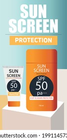 Sunscreen ad template, realistic mockup. Moisture sunscreen ads, 3d illustration