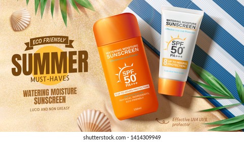 Sunscreen Ads On Beautiful Beach And Tropical Plants Decorations In 3d Illustration, Top View