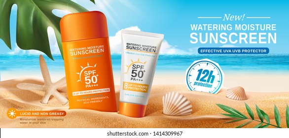 Sunscreen Ads On Beautiful Beach And Tropical Plants, Seashell Decorations In 3d Illustration