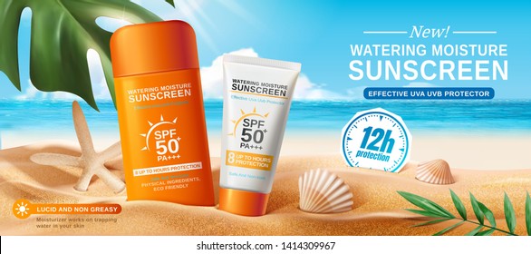 Sunscreen ads on beautiful beach and tropical plants, seashell decorations in 3d illustration