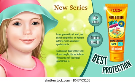 Sunscreen ads poster, sunblock plastic tube. Information UV protection. Protection of children from the sun. 3d realistic vector illustration.