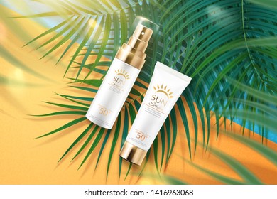 Sunscreen ads with product laying on tropical leaves and geometric background in 3d illustration