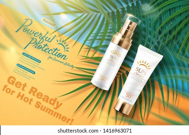 Sunscreen ads with product laying on tropical leaves and geometric background in 3d illustration