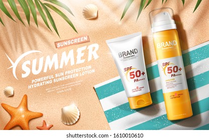 Sunscreen Ads At Relax Summer Beach Scene In 3d Illustration, Top View Angle