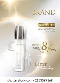 Sunscreen ads skin care and cosmetic on luxury golden theme beautiful gold white  light glitter decorations in 3d illustration.