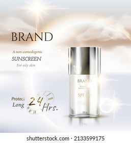 Sunscreen ads skin care and cosmetic on white cloud theme beautiful gold white sun light decorations in 3d illustration.