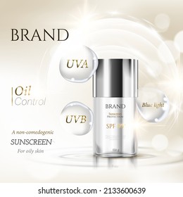 Sunscreen ads skin care and cosmetic on white cloud theme beautiful gold white sun light decorations in 3d illustration.