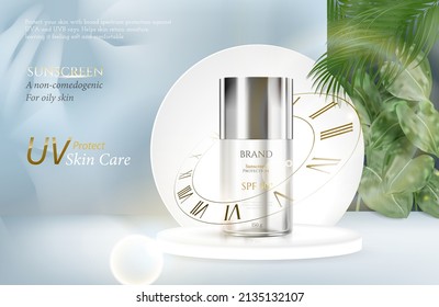 Sunscreen ads skin care and cosmetic on luxury white theme beautiful gold white  light glitter and  tropical leaves decorations in 3d illustration.