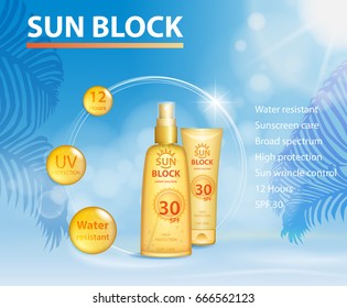 Sunscreen ads template, sun protection, sunblock and sunbath cosmetic products design face lotion and tanning body oil on palm sunny beach summer background. SPF and UV protect. vector illustration