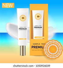 Sunscreen ads template, sunblock plastic tube riding the wave, big wave surfing, 3d illustration for ads or magazine