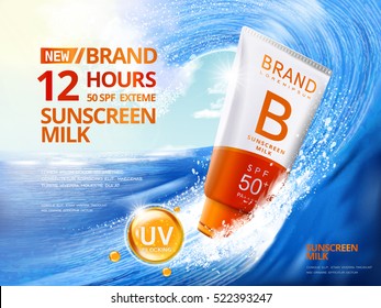 Sunscreen ads template, sunblock plastic tube riding the wave, big wave surfing, 3d illustration for ads or magazine