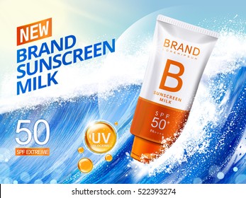 Sunscreen ads template, sunblock plastic tube riding the wave, big wave surfing, 3d illustration for ads or magazine