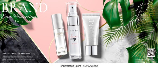 Sunscreen ads with tropical leaves on marble stone and pink background in 3d illustration, top view