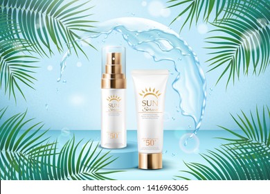 Sunscreen ads with water round shield and palm leaves in 3d illustration