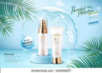 Sunscreen ads with water round shield and palm leaves in 3d illustration