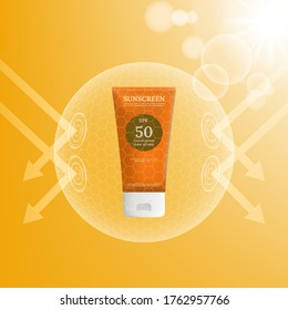 Sunscreen advertise for marketing. Protect sunblock from ultraviolet . Effect of sun radiation. UV sunblock product design.