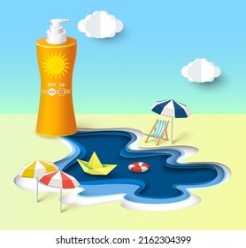 Anuncio de pantalla solar. Ilustración vectorial de la playa en el estilo artesanal de corte de papel. Nuevo diseño de promoción de productos cosméticos