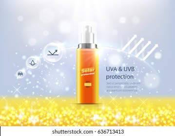 Sunscreen advertising poster with information. Cosmetics with UV protection