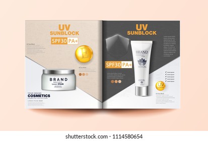 Sunscreen advertising poster Information UV protection. Creamy color cosmetic magazine or catalog template design for commercial uses, 3d 