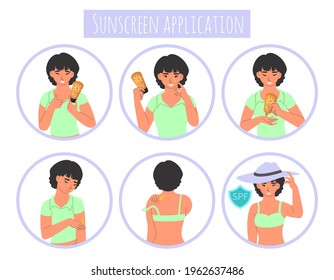 Sunscreen Application Steps, Flat Vector Illustration. Guide How To Use Sunblock Cream Before Going In The Sun. Sunburn Protection Procedure. Face And Body Skin Care Routine.