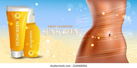 Plantilla de banner de pantalla solar. Cartel con un tubo y rociado de protector solar al lado de un torso hembra curtida. 