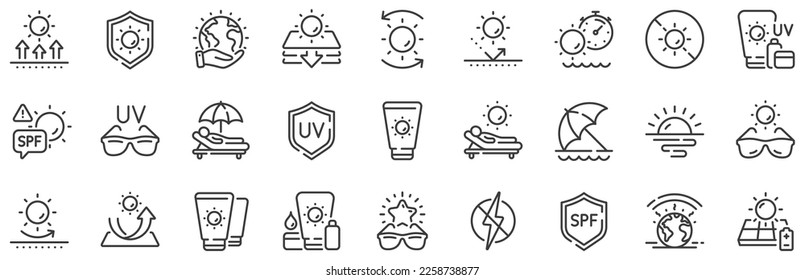 Sunscreen, beach lounger and umbrella set. Sun protection line icons. Summer sunbed, sunblock cream and uv sunglasses line icons. Spf protection, skin care lotion and beach sunscreen. Vector - Shutterstock ID 2258738877