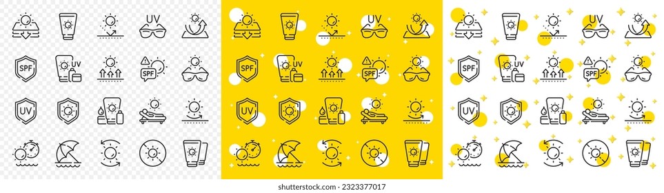 Sunscreen, beach lounger and umbrella set. Sun protection line icons. Summer sunbed, sunblock cream and uv sunglasses line icons. Spf protection, skin care lotion and beach sunscreen. Vector