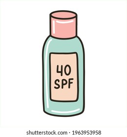 Pantalla solar para el cuerpo. Envasado de protector solar. Agente de entrenamiento con SPF. Ilustración vectorial en el estilo de doodle