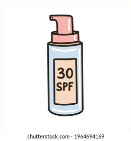 Sunscreen body spray. Packaging of sunscreen. Tanning agent with SPF. Vector illustration in the doodle style