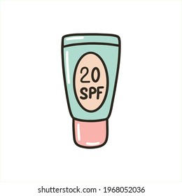 Sunscreen body spray. Packaging of sunscreen. Tanning agent with SPF. Vector illustration in the doodle style