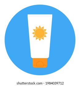 Sunscreen bottle colored flat vector icon. White SPF sunblock cream tube with sun label on round blue background. Skin care cosmetic bottle bright colorful sticker. Sun safety cosmetic product.