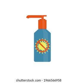 Sunscreen in a bottle with a dispenser. Stop sign, sun crossed out. Vector illustration, flat cartoon realistic color design, isolated on white background, esp 10.