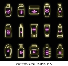 Sunscreen bottle icon set. Outline set of sunscreen bottle vector icons neon color on black