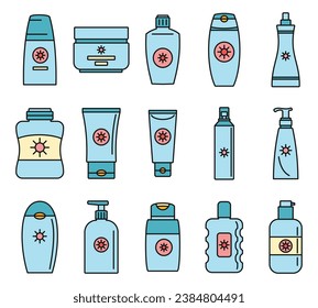 Sunscreen bottle icon set. Outline set of sunscreen bottle vector icons thin line color flat on white