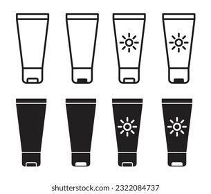Sunscreen bottle icon set. Summer sun protection cream vector icon set. Body sunblock cream pictogram suitable for skincare products.
